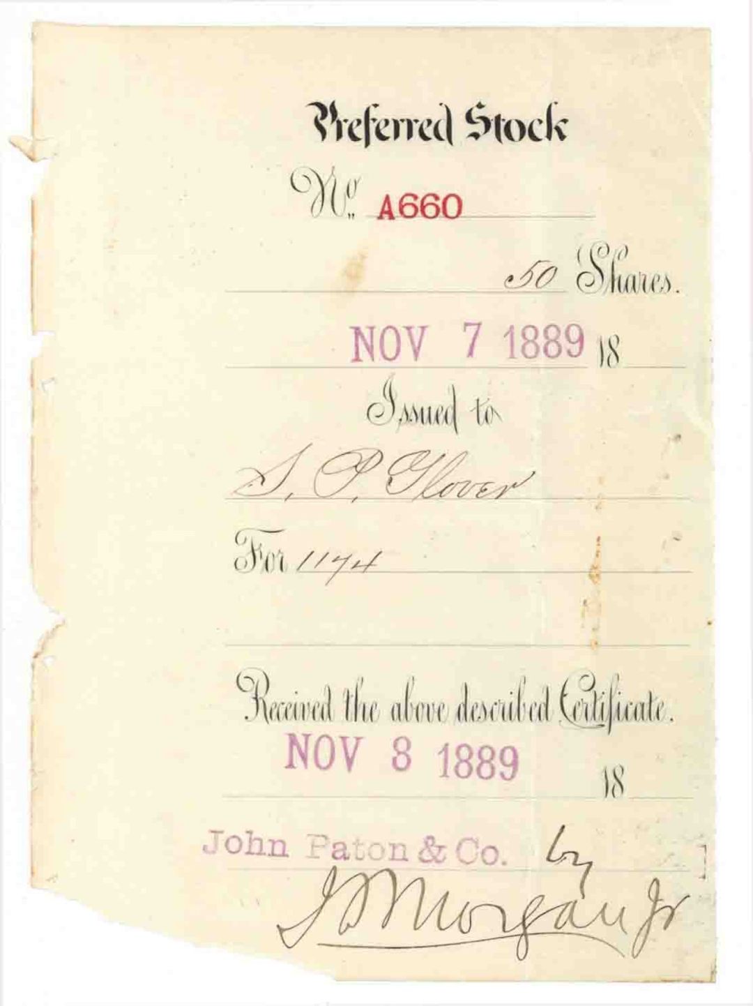 Stock Stub signed by J. Pierpont Morgan, Jr. - 1889 dated Autographed Stock Stub