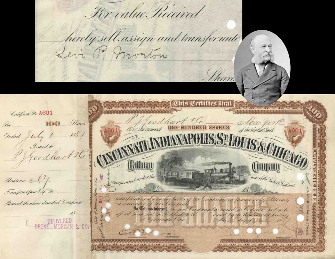 Cincinnati, Indianapolis, St. Louis and Chicago Railway Co. transferred to Levi Morton - 1887 dated Railroad Stock Certificate