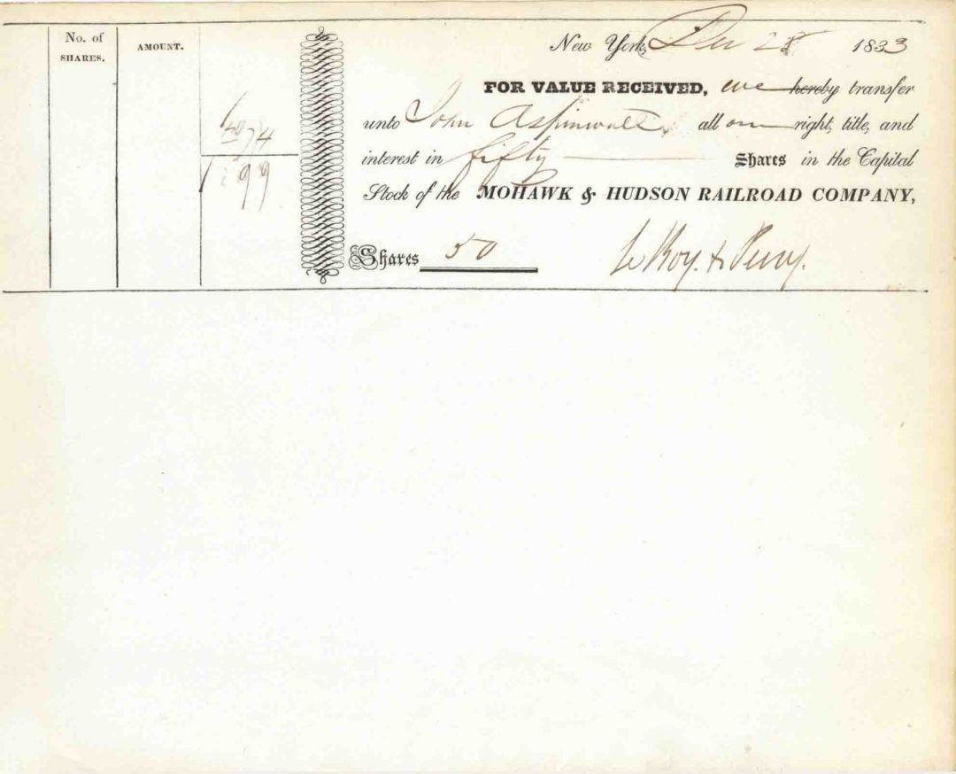 Mohawk and Hudson Railroad Co. issued to John Aspinwall - 1833 or 1835 dated Stock Certificate