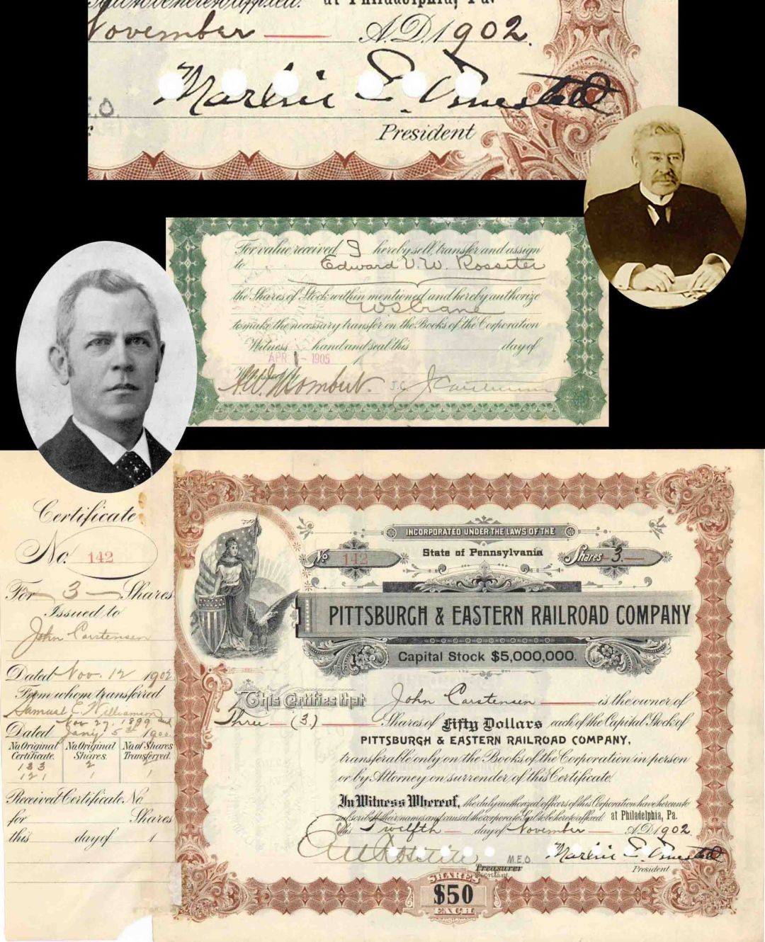 Pittsburgh and Eastern Railroad Co. signed by Marlin E. Olmsted and E.V.W. Rossiter - 1902 dated Autographed Stock Certificate