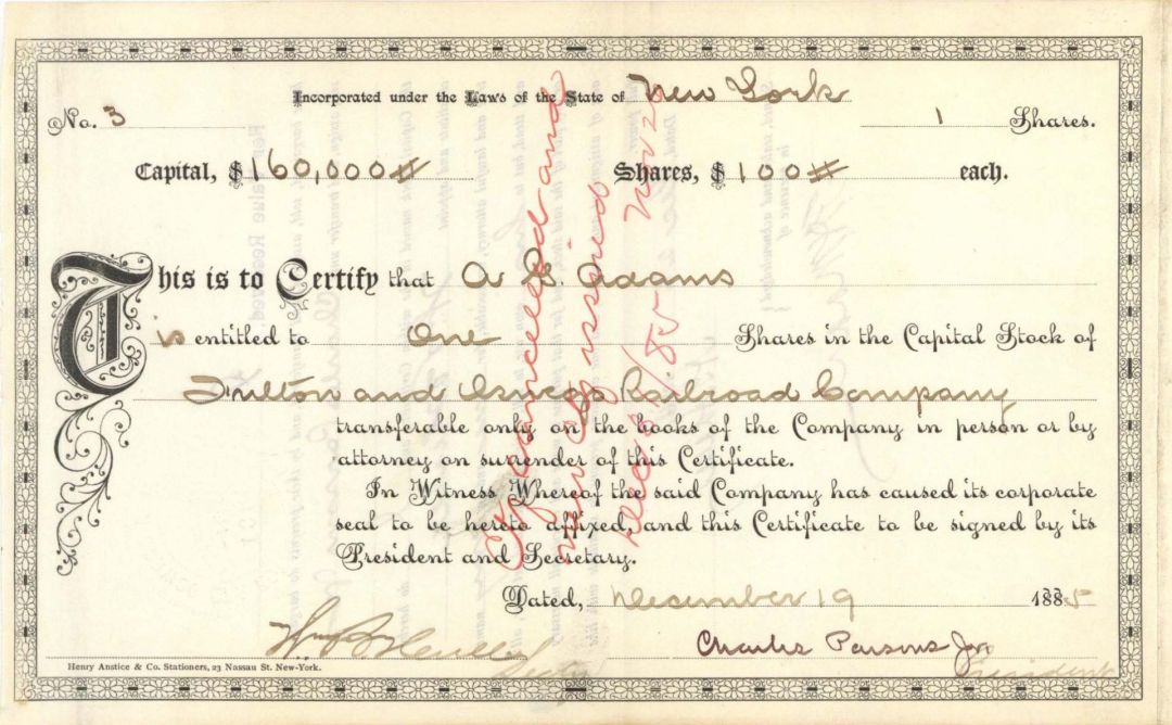 Fulton and Oswego Railroad Co. signed by Charles Parsons Jr. - 1885 dated Autograph Stock Certificate