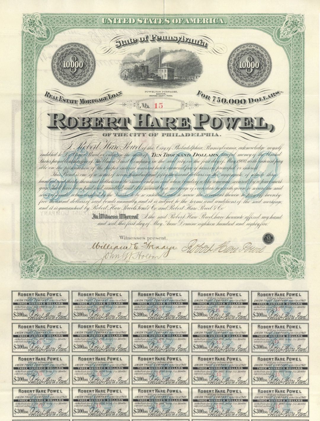 Robert Hare Powel, of the City of Philadelphia signed by Robert Hare Powel - 1885 dated $10,000 Autographed Bond (Uncanceled)