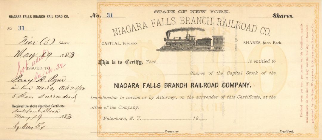 Niagara Falls Branch Railroad Co. signed by Percy R. Pyne - Unissued Autographed Stock Certificate