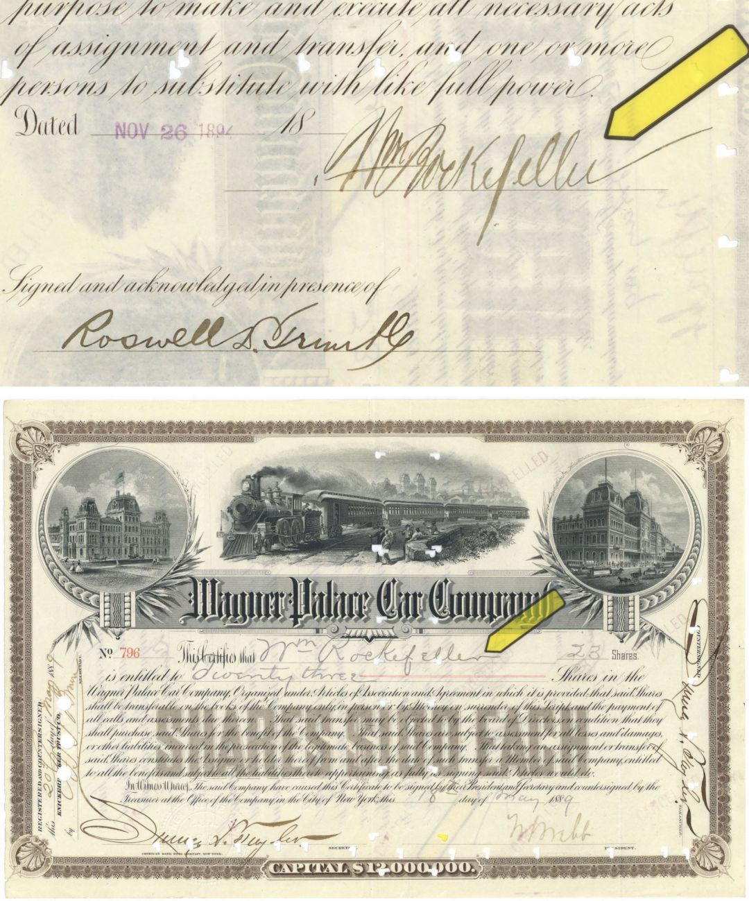 William Rockefeller Issued to and Signed Wagner Palace Car Co. - 1889 dated Autograph Stock Certificate