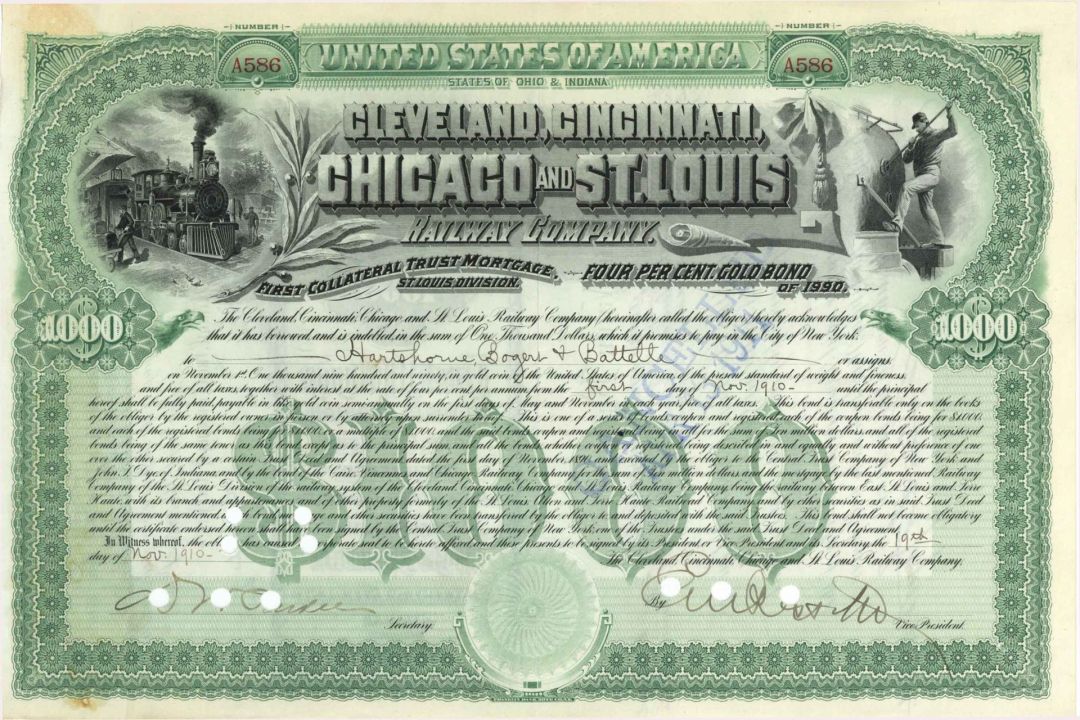 Cleveland, Cincinnati, Chicago and St. Louis Railway Co. Signed by E.V.W. Rossiter - 1910 dated Autographed $1,000 Bond