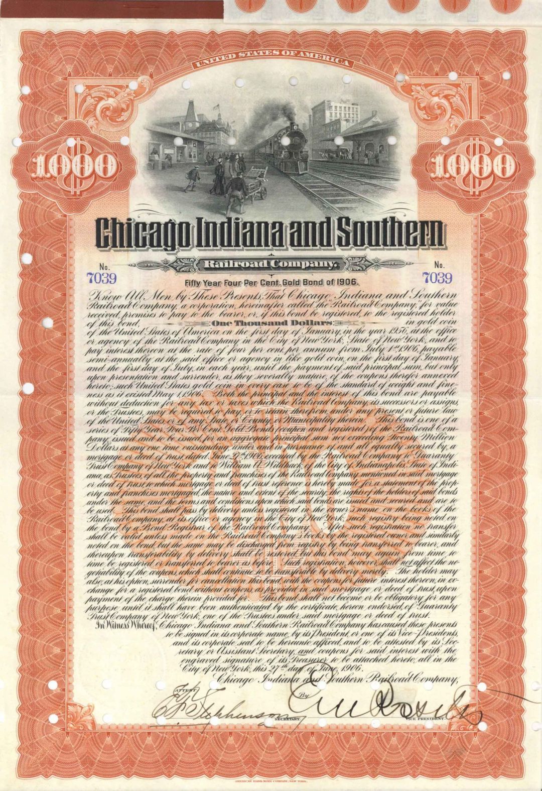 Chicago Indiana and Southern Railroad Co. Signed by E.V.W. Rossiter - 1906 dated Autographed $1,000 Bond