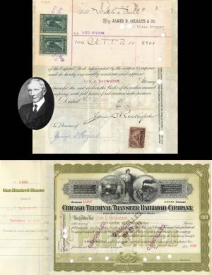 Chicago Terminal Transfer Railroad Co.issued to and signed by J.D. Rockefeller and George Rogers - 1898 dated Autograph Stock Certificate