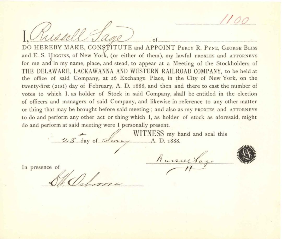 Delaware, Lakawanna and Western Railroad Co. Issued to and signed by Russell Sage - 1888 dated Autographed Stock Transfer