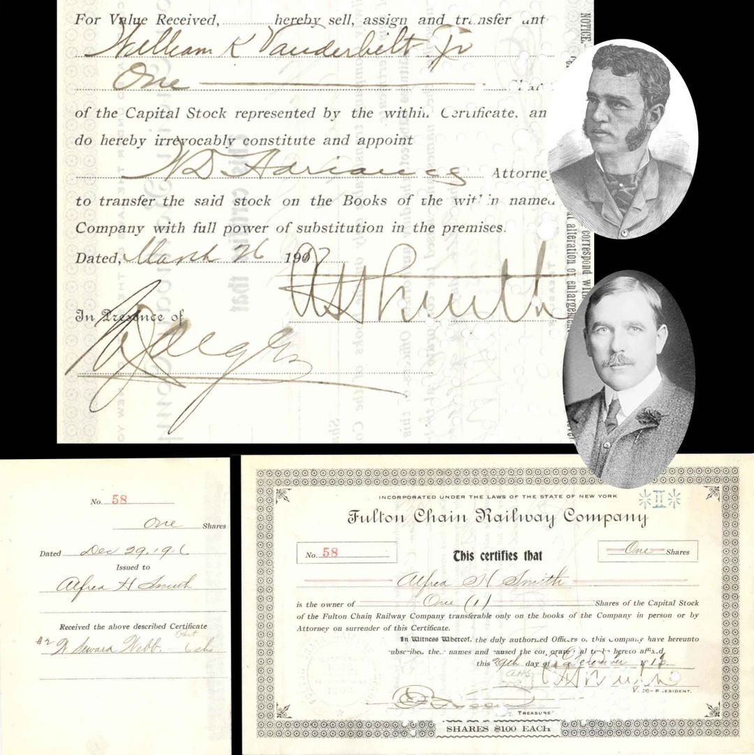 Fulton Chain Railway Co. Issued to and signed twice by Alfred H. Smith - 1916 dated Autographed Stock Certificate