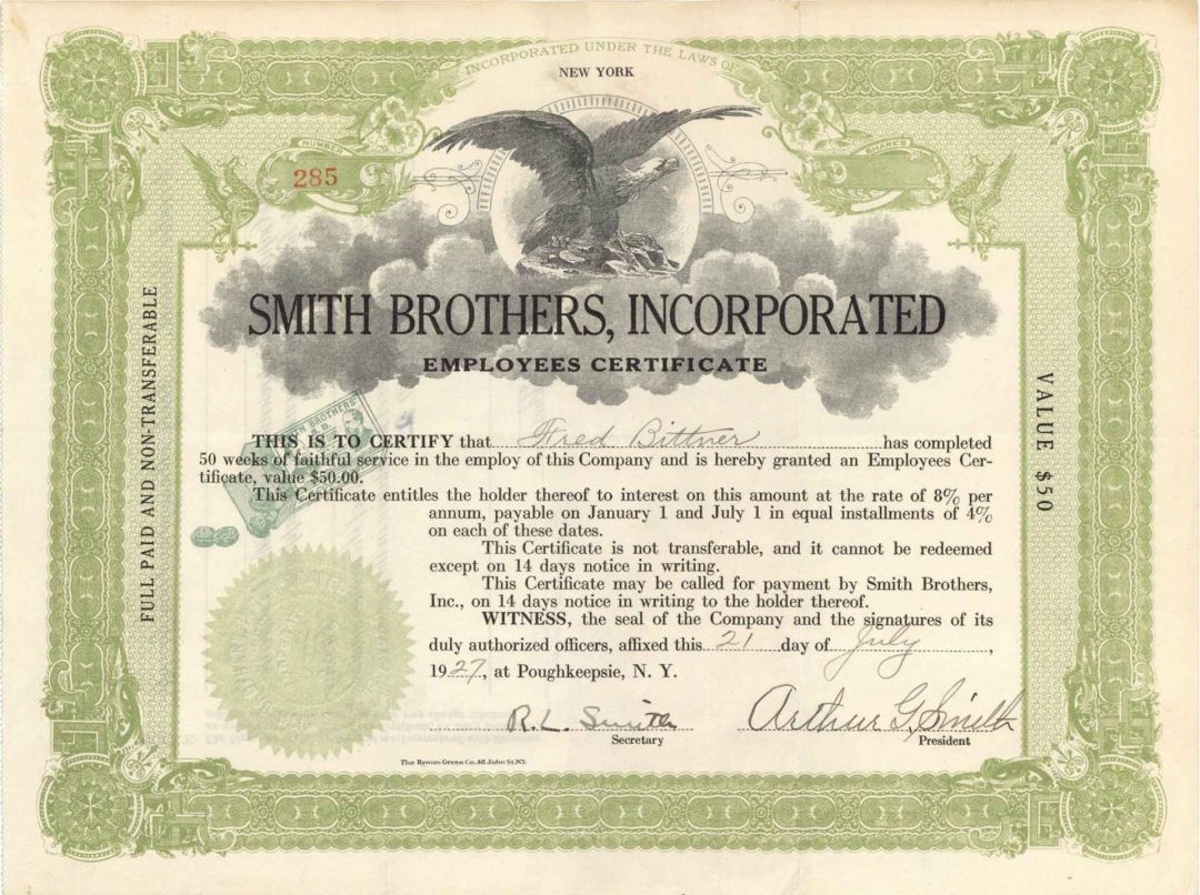 Smith Brothers, Inc. - Cough Drop Makers Stock Certificate - Signed by 2 Smith Brothers - 1920's-1940's dated Autographed Stock Certificates