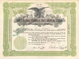 Smith Brothers, Inc. - Cough Drop Makers Stock Certificate - Signed by 2 Smith Brothers - 1920's-1940's dated Autographed Stock Certificates