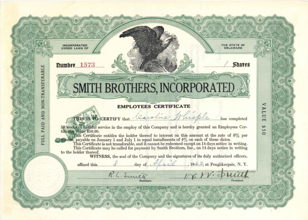 Smith Brothers, Inc. signed by Gradsons of the Inventors of Cough Drops Co. - 1940-1942 dated Autographed Stock Certificate