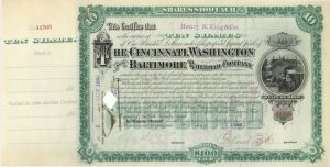Cincinnati, Washington and Baltimore Railroad signed by Orland Smith - 1880's dated Autographed Stock Certificate