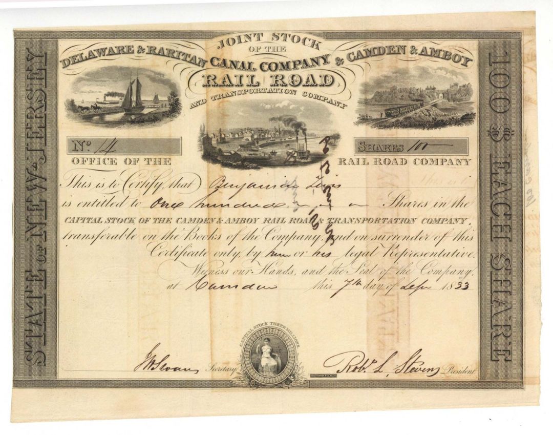 Delaware and Raritan Canal Co. and Camden and Amboy  Rail Road and Transportation Co signed by Robert L. Stevens - 1833 or 1834 Autographed Stock Certificate (Uncanceled)