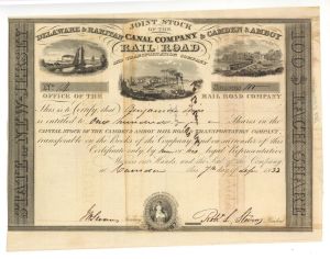 Delaware and Raritan Canal Co. and Camden and Amboy  Rail Road and Transportation Co signed by Robert L. Stevens - 1833 or 1834 Autographed Stock Certificate (Uncanceled)