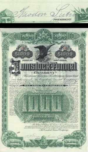 Comstock Tunnel Co. signed by Theodore Sutro (Uncanceled) - 1889 dated $1,000 or $500 Autographed Bond