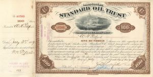 Standard Oil Trust issued to and signed by W.H. Tilford and H. M. Flagler and J. D. Rockefeller - 1889 dated Autograph Stock Certificate