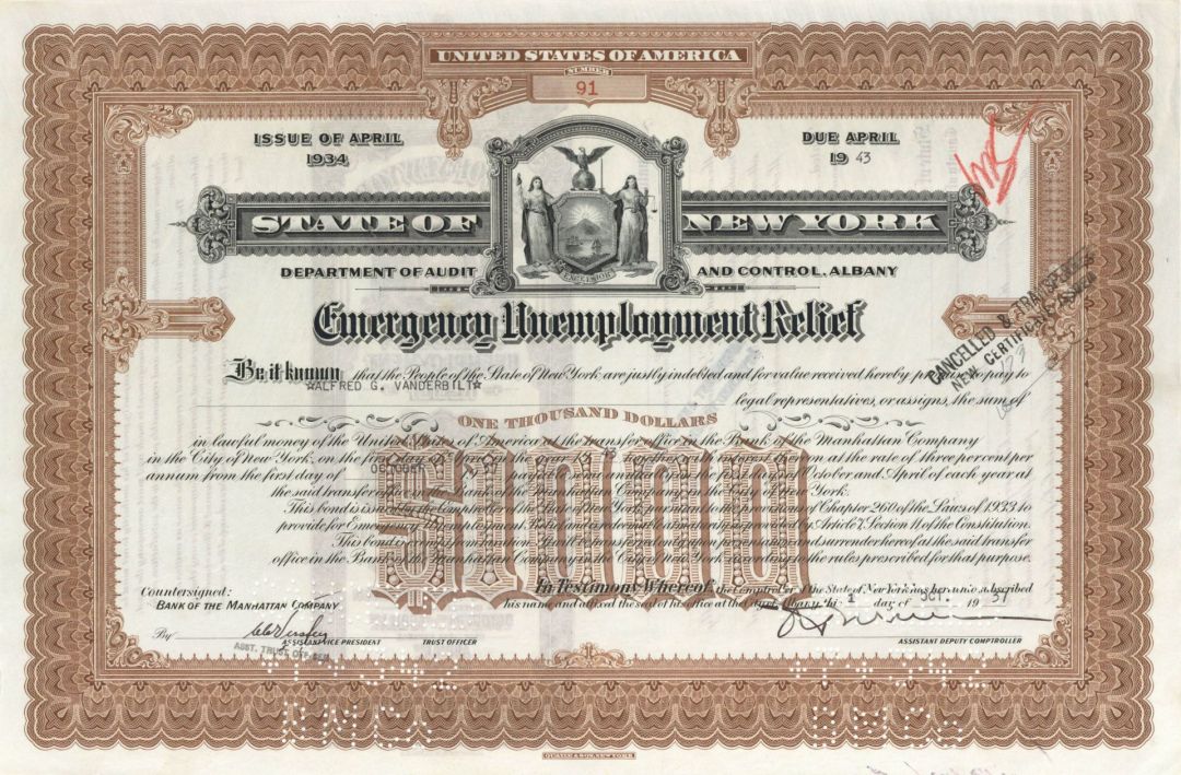 State of New York Emergency Unemployment Relief  Issued to Alfred G. Vanderbilt - $1,000 1937 dated Bond