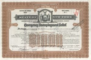 State of New York Emergency Unemployment Relief Issued to Alfred G. Vanderbilt - $1,000 1937 dated Bond