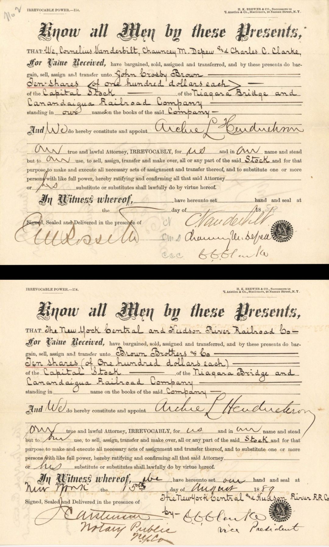 Pair of New York Central and Hudson River Railroad Co. signed by Cornelius Vanderbilt, Jr., Chauncey M. Depew and E.V.W. Rossiter - 1889 dated Autographed Stock Transfers