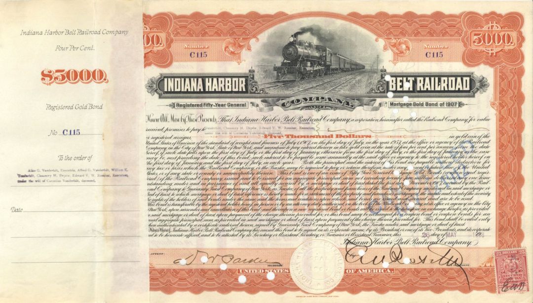 Indiana Harbor Belt Railroad Co. issued to Cornelius Vanderbilt Estate and signed by E.V.W. Rossiter - 1908 dated Autographed $5,000 Bond