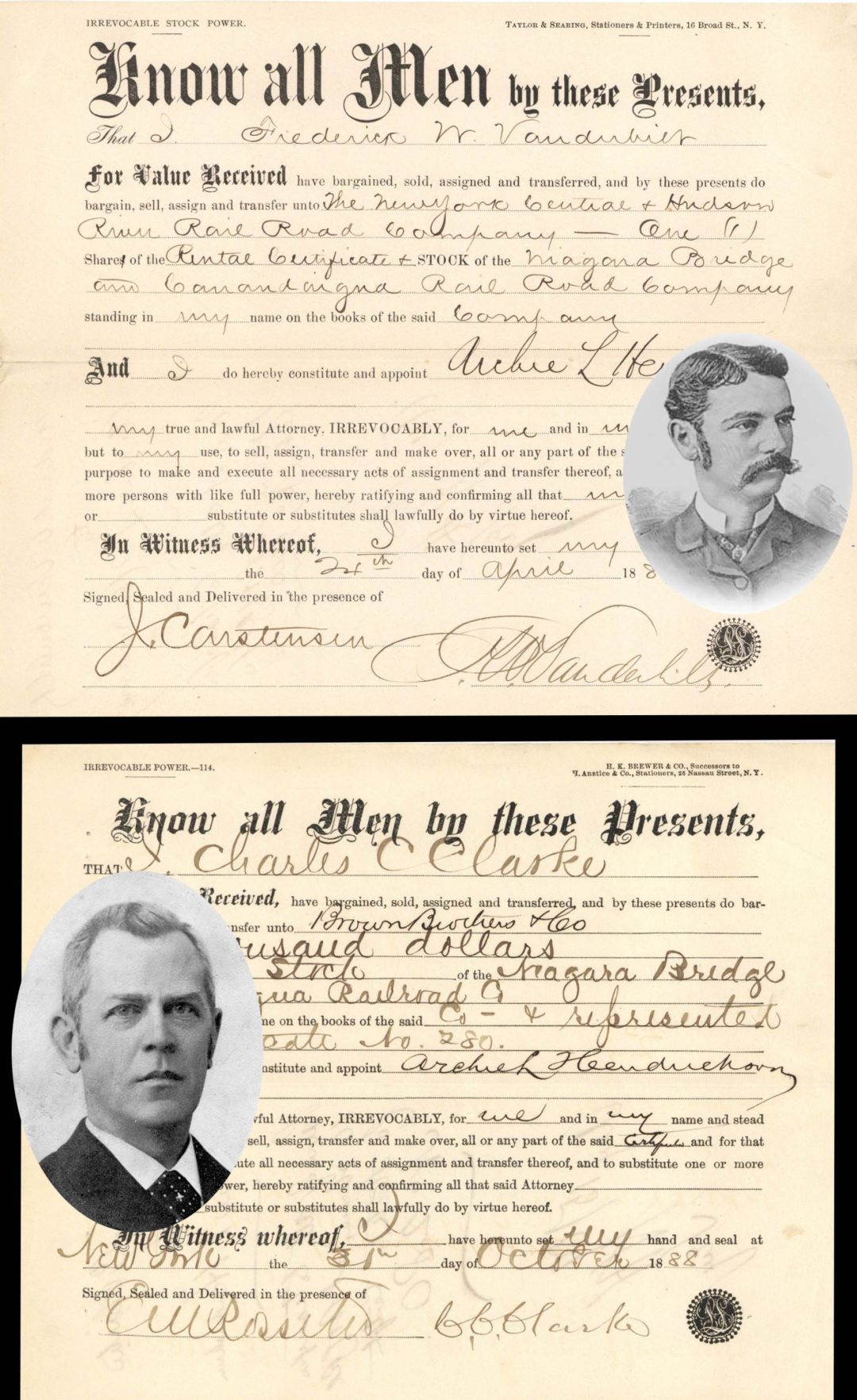 Pair of New York Central and Hudson Railroad Co. transfers signed by Frederick W. Vanderbilt and E.V.W. Rossiter - 1884 and 1888 dated Stock Transfers