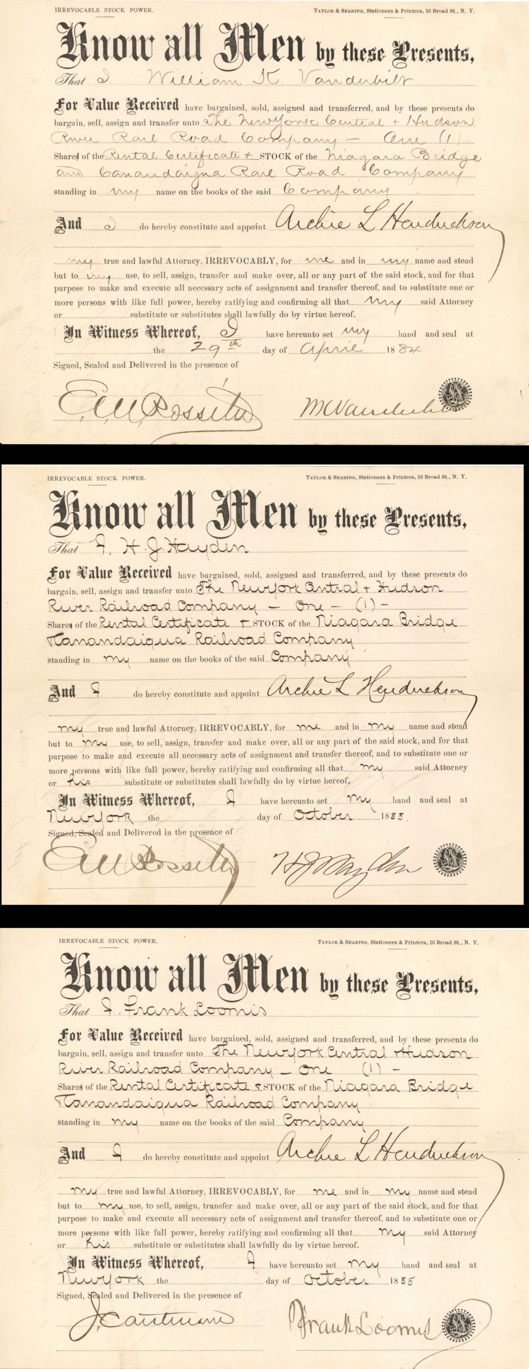 Set of 3 New York Central and Hudson River Railroad Co. signed by William K. Vanderbilt, E.V.W. Rossiter and J. Carstensen - 1884 and 1885 dated Autographed Railway Stock Certificate