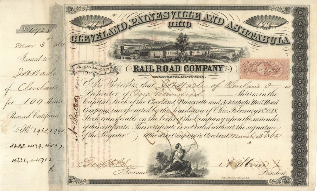 Cleveland, Painesville and Ashtabula Railroad Co. issued to J. H. Wade - 1864 dated  Stock Certificate