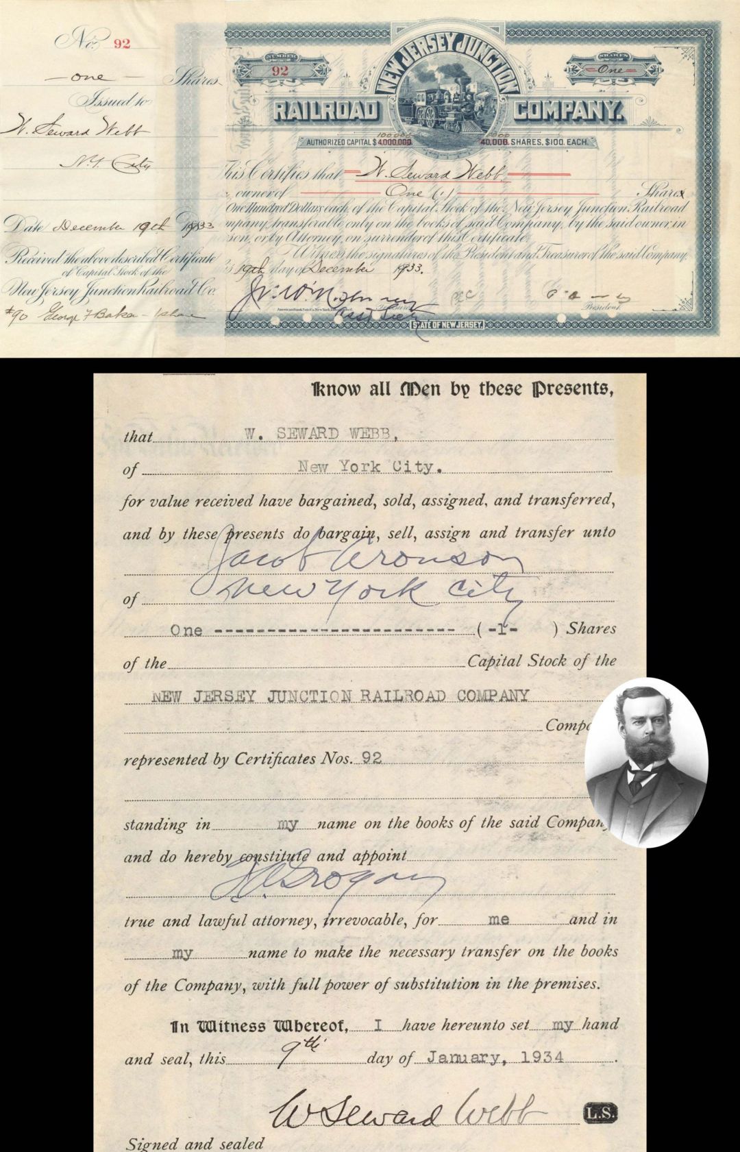 New Jersey Junction Railroad Co. Issued to and signed by W. Seward Webb -  1933 dated Autographed Railroad Stock Certificate -