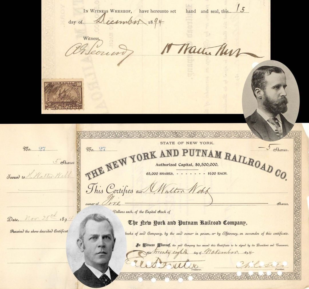 New York and Putnam Railroad Co. Issued to and signed by H. Walter Webb on back and E.V.W. Rossiter on front - 1894 dated Autograph Stock Certificate