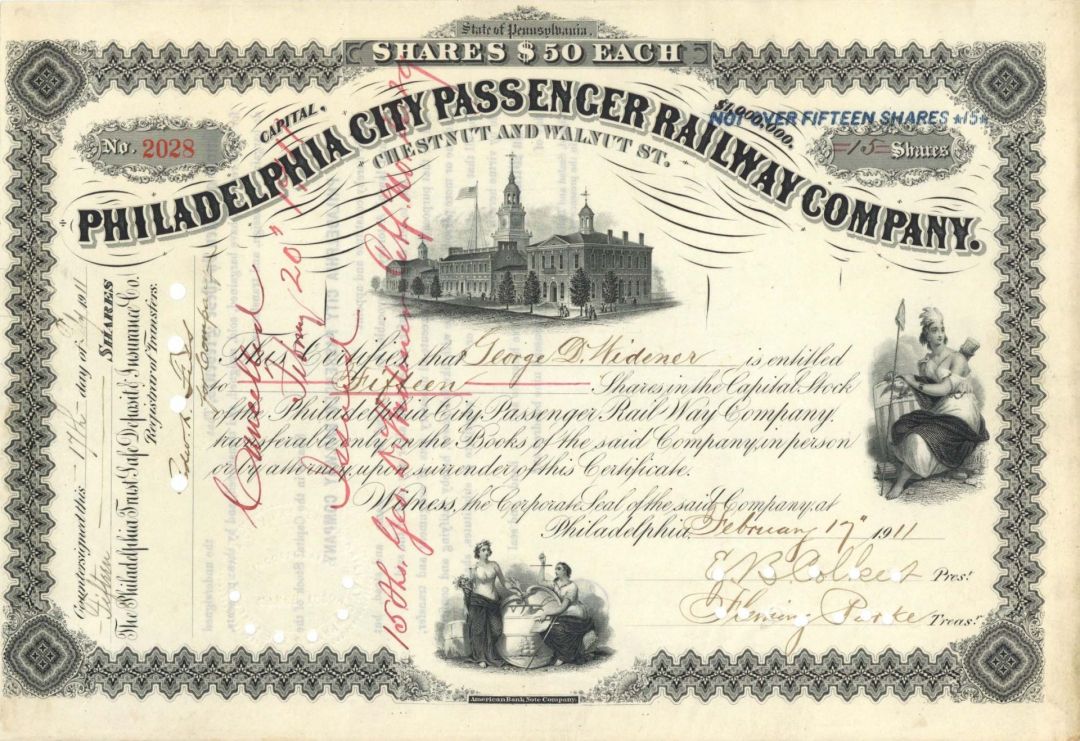 Philadelphia City Passenger Railway Co. issued to George D. Widener - not signed - Died on the Titanic - 1911 dated Stock Certificate