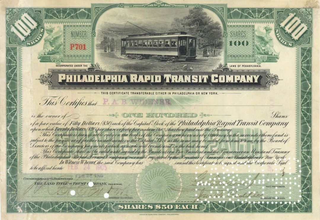 Philadelphia Rapid Transit Co. issued to P.A.B. Widener and signed by George D. Widener - Died on the Titanic - 1905 dated Autographed Stock Certificate
