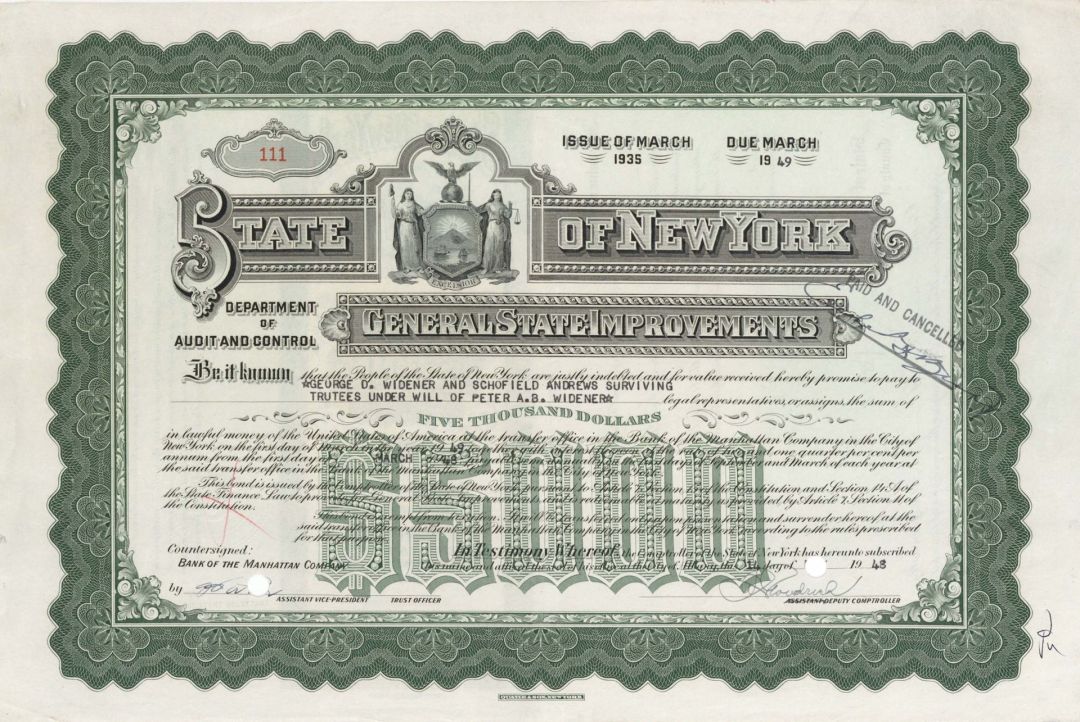 State of New York General State Improvements issued to George D. Widener - not signed - Died on the Titanic - 1948 dated $5,000 Bond