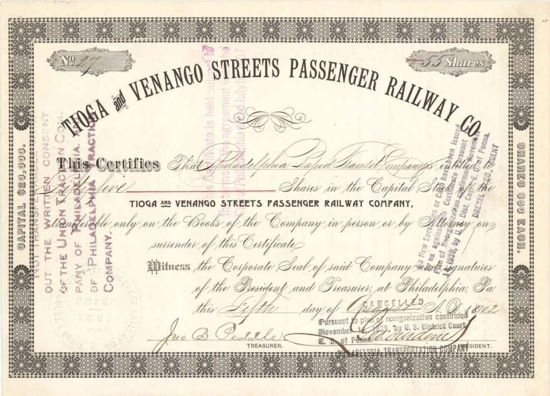 Tioga and Venango Streets Passenger Railway Co. signed by George D. Widener -  Died on the Titanic - 1902 dated Autographed Stock Certificate