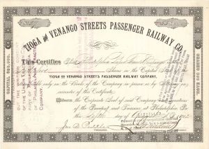 Tioga and Venango Streets Passenger Railway Co. signed by George D. Widener -  Died on the Titanic - 1902 dated Autographed Stock Certificate