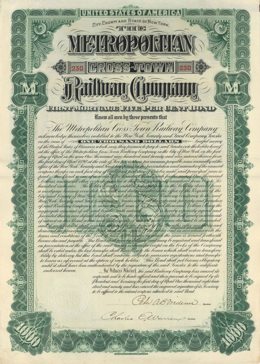 Metropolitan Cross-Town Railway Co.  Signed by Peter A. B. Widener - $1,000 1890 dated Bond (Uncanceled)