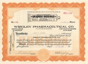 Wrigley Pharmaceutical Co. signed by W.W. Wrigley - Not the Famous Chewing Gum Magnate - 1924 dated Autographed Stock Certificate