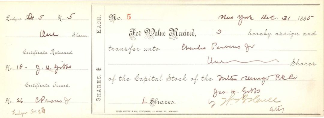 Fulton Oswego R.R. Co. signed by C. Parsons Jr. -  1885 or 1886 dated Autographed Stock Certificate