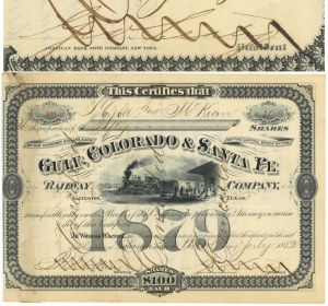 Gulf, Colorado and Sante Fe Railway Co. Signed by George Sealy - 1882-93 dated Autograph Texas Railroad Stock Certificate