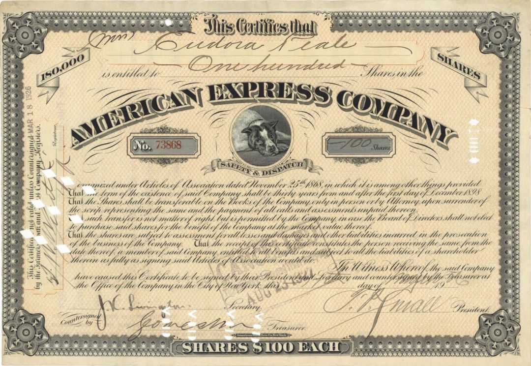 American Express Co. signed by F.P. Small - 1926 dated Autographed Stock Certificate