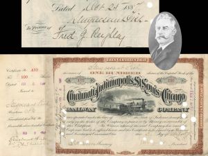Cincinnati, Indianapolis, St. Louis and Chicago Railway Co. Issued to and signed by Stuyvesant Fish - 1887 dated Autograph Railway Stock Certificate