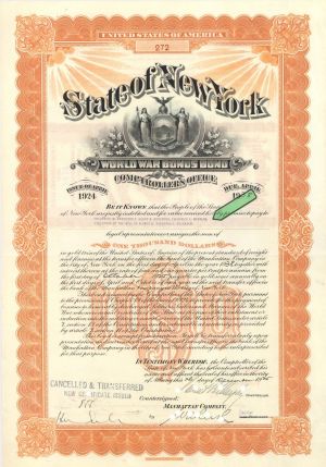 State of New York Issued to Frederick W. Vanderbilt - 1925 dated $1,000 General Bond