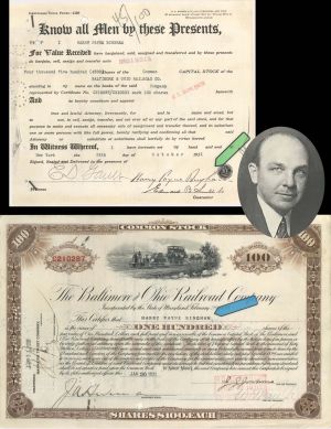 Baltimore and Ohio Railroad Co. Issued to and Signed by Harry Payne Bingham - 1931 dated Stock Certificate