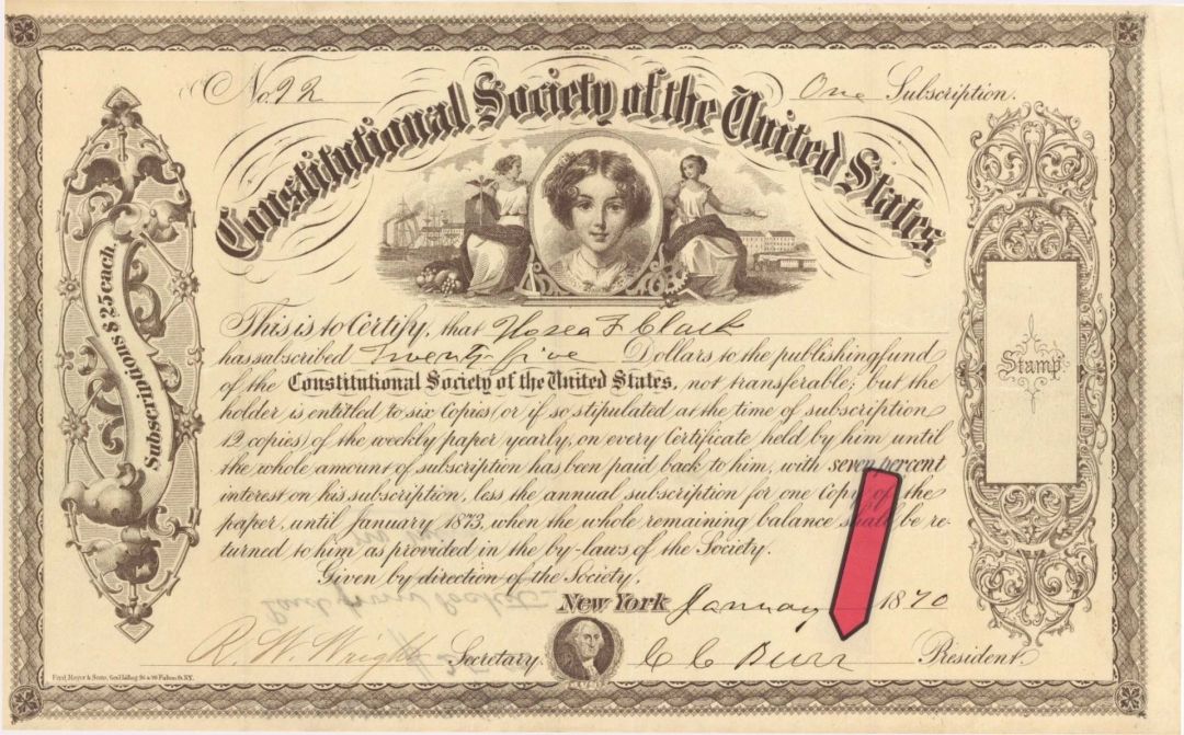 Constitutional Society of the United States signed by C.C. Burr - 1870 dated Stock Certificate