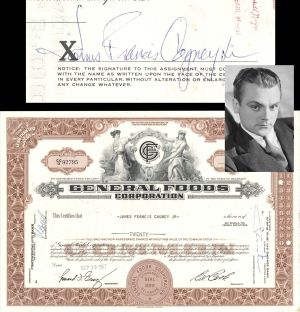 General Foods Corp. issued to and signed by James Francis Cagney Jr. - 1967 dated Stock Certificate