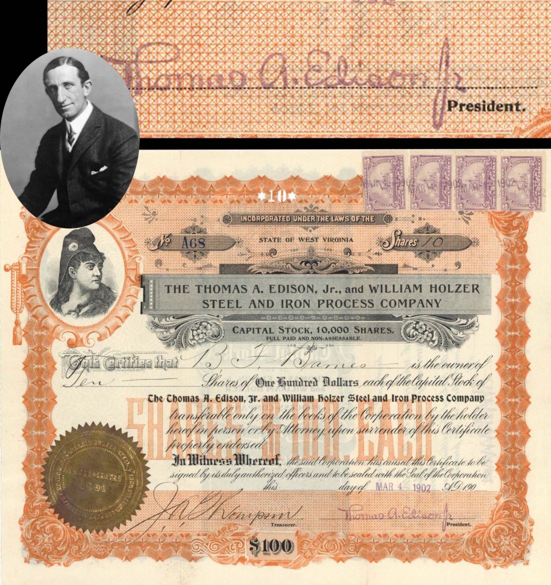 Thomas A. Edison, Jr., and William Holzer Steel and Iron Process Co. signed by Thomas A. Edison Jr. - 1902 dated Stock Certificate