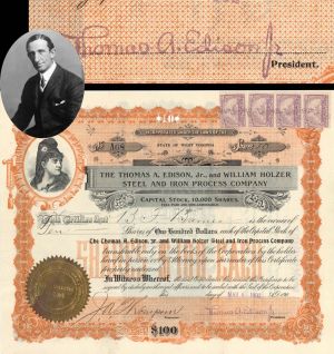 Thomas A. Edison, Jr., and William Holzer Steel and Iron Process Co. signed by Thomas A. Edison Jr. - 1902 dated Stock Certificate
