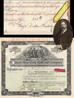 Northern New York Railroad Co. issued to and signed by George Foster Peabody - 1897 dated Autograph Railway Stock Certificate