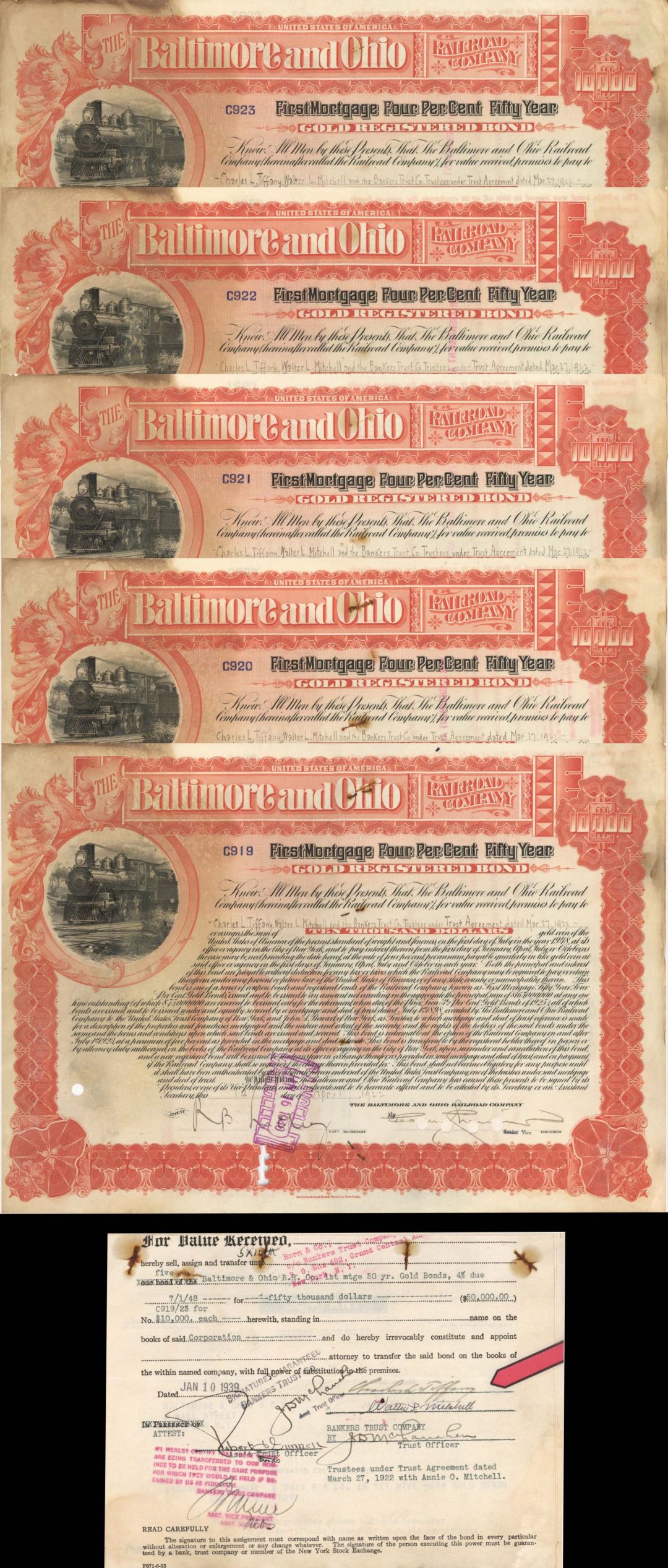 Baltimore and Ohio Railroad Co. Transfer signed by Charles L. Tiffany - 1922 dated Autograph of Infamous Tiffany Jewelers Family Member - Set of 5 $10,000 Bonds