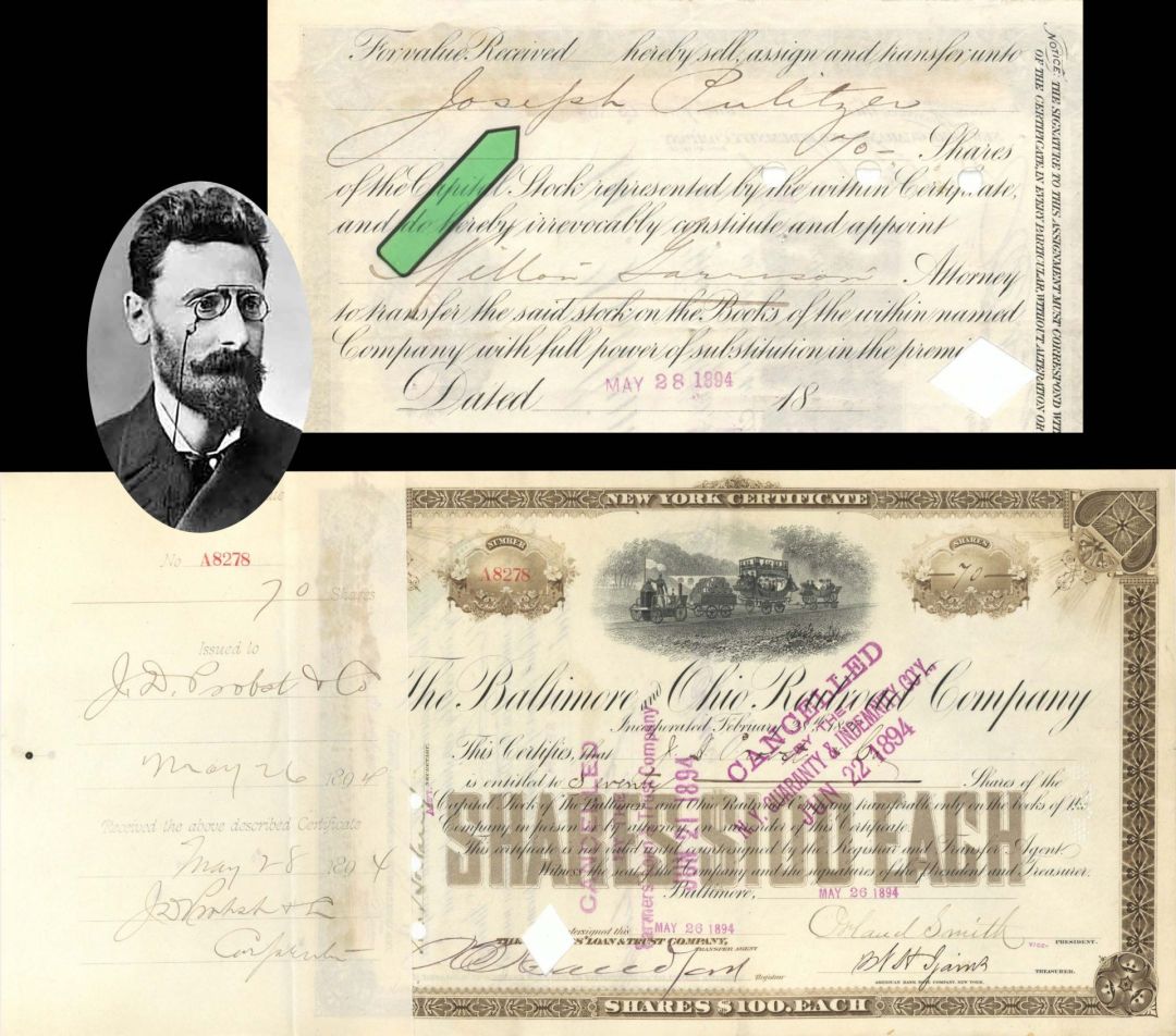 Baltimore and Ohio Railroad Co. Transferred to Joseph Pulitzer - 1894 dated Autographed Stock Certificate